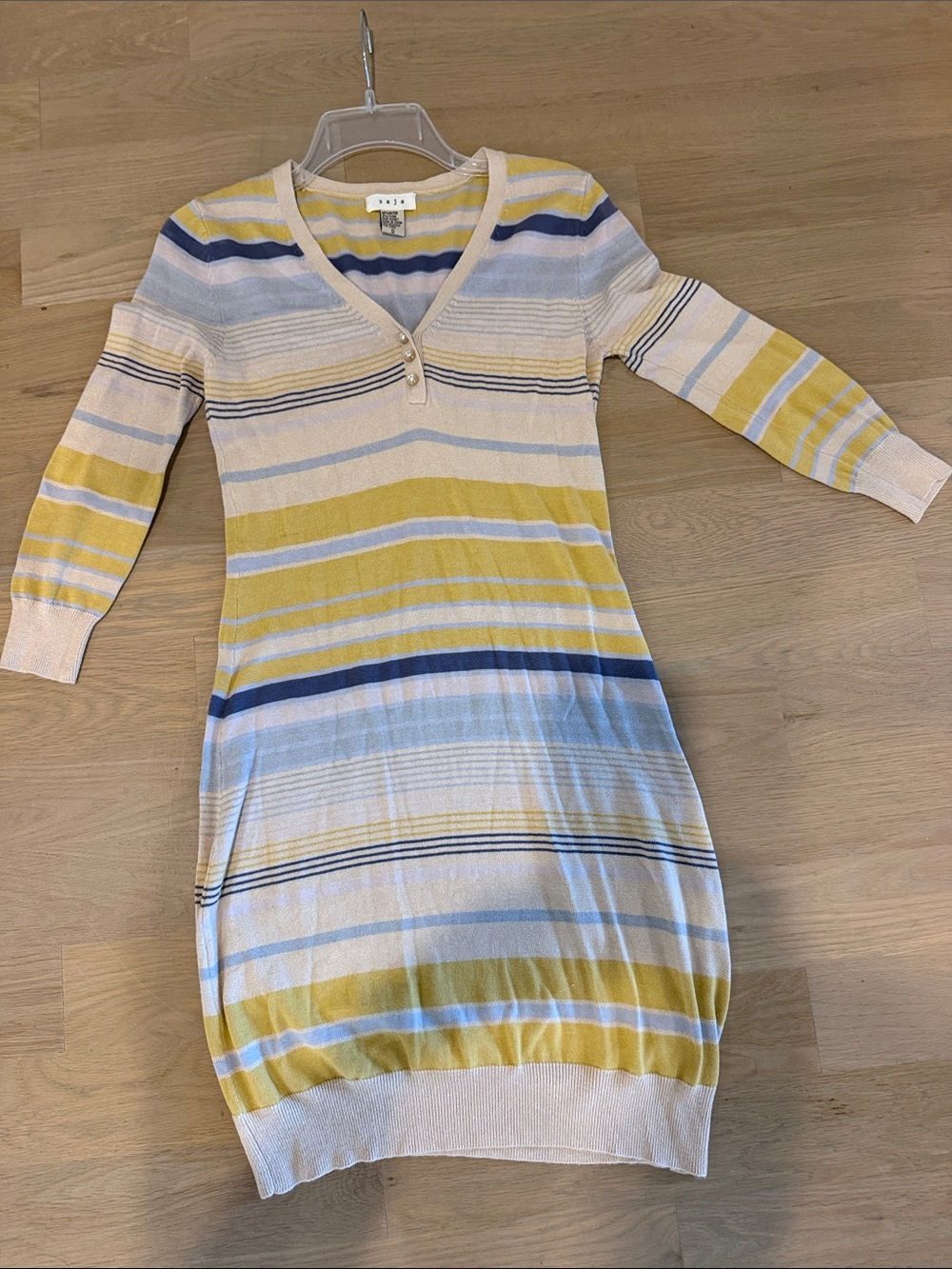 Saja Striped V‑Neck Midi Dress in Yellow, Blue & Cream